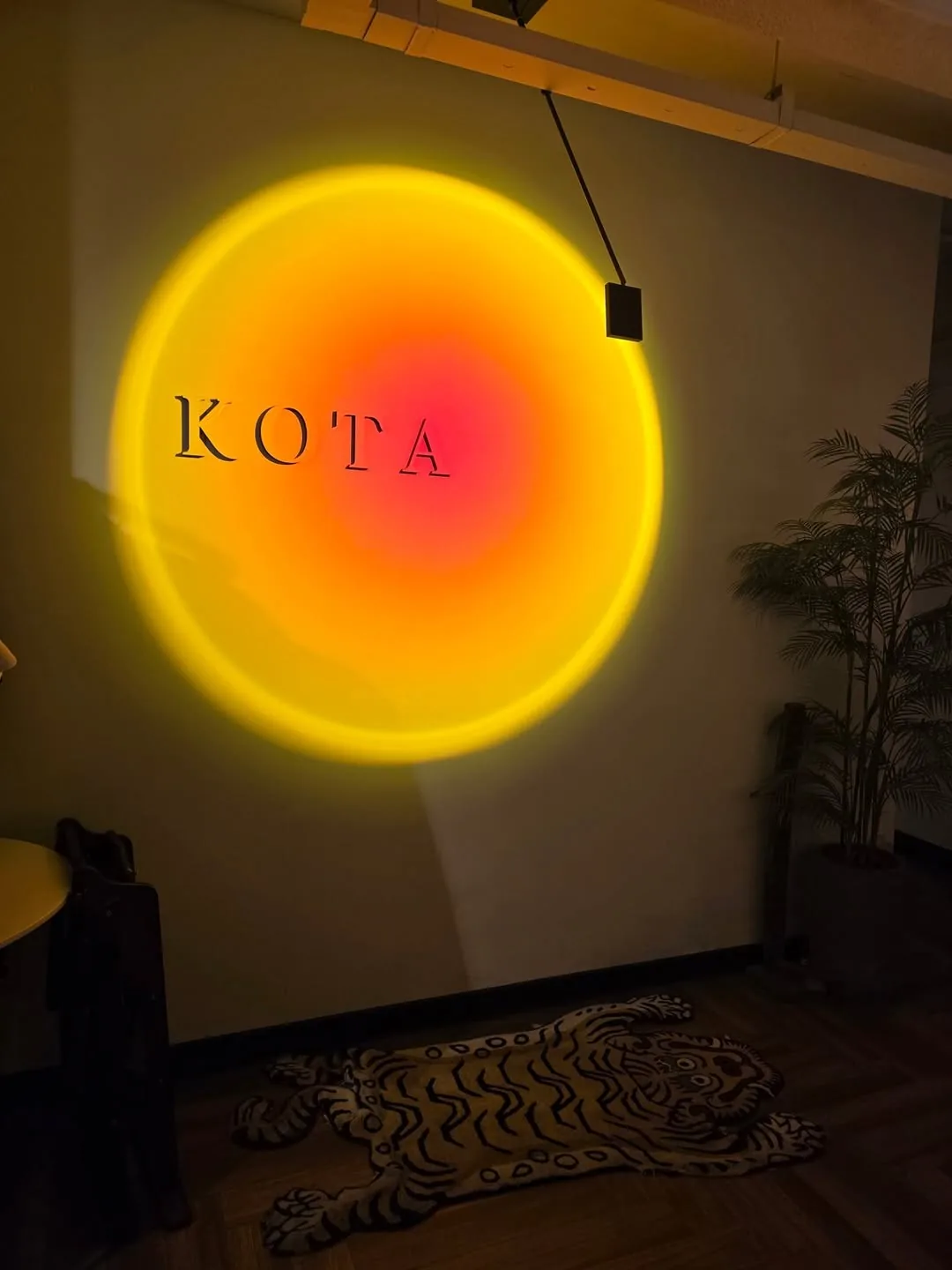 어두운 벽에 켜진 KOTA 무드등